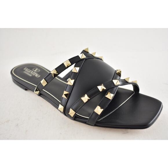 Valentino Rockstud Crisscross Strap Leather Black Slide Slip On Flat Sandal 40 - Picture 4 of 16